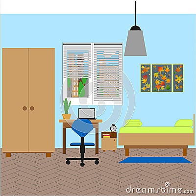 Bedroom interior with a single bed. Vector illustration Vector Illustration