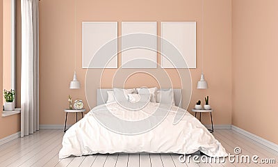 Bedroom interior and three empty photo frame for mockup, 3D rendering Stock Photo