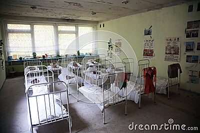 A bedroom in a kindergarten in the abandoned city of Pripyat, Editorial Stock Photo