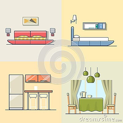 Bedroom kitchen living dining room interior indoor Vector Illustration