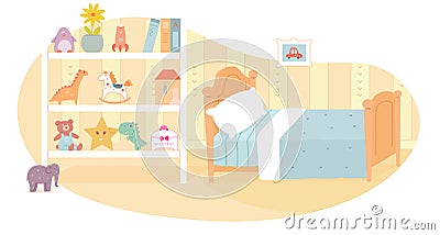 Bedroom of little boy interior design background. Room with bed with pillow and blanket, stand with shelves full of Vector Illustration