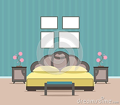 Bedroom living room interior design in flat style including furniture, bed, and mockup empty frames. Vector Illustration