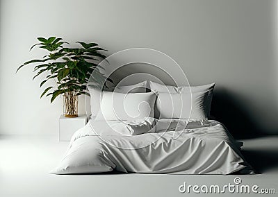 Bedroom minimalist apartment interior with unmade bed. Generative AI Stock Photo