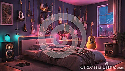 A bedroom with neon strips on the floor, guiding the way to a comfortable Stock Photo