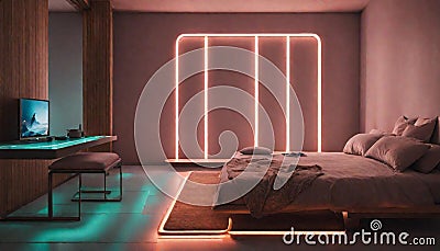 A bedroom with neon strips on the floor, guiding the way to a comfortable Stock Photo