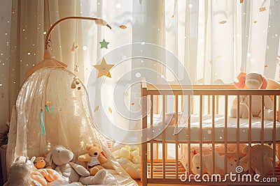 Bedroom nursery, bathed in soft golden light filtering through translucent curtains. AI Generated Stock Photo