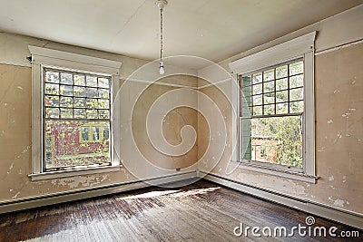 Bedroom in old abandoned home Stock Photo