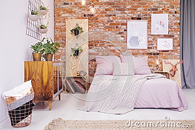 Bedroom with OSB decoration Stock Photo