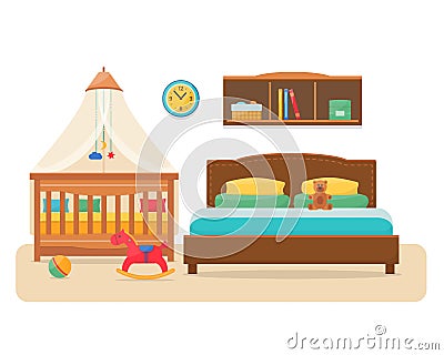 Bedroom with parents bed and baby cot Vector Illustration