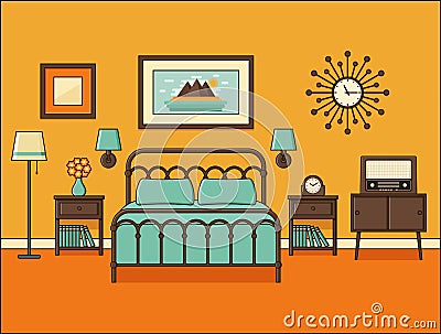 Bedroom retro interior. Hotel room in flat design. Vector illustration. Vector Illustration