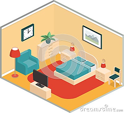 Bedroom retro interior in isometric style. Vector. Vector Illustration