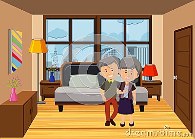 Bedroom scene with an old couple characters Vector Illustration