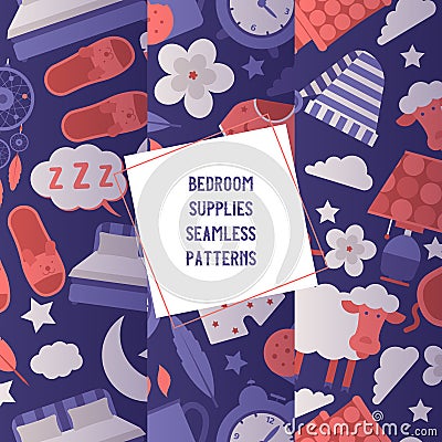 Bedroom supplies set of seamless patterns vector illustration. Night equipment and clothing concept. Sleeping mask and Vector Illustration