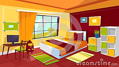 Teenager bedroom vector cartoon illustration of teen girl or boy room interior furniture background Vector Illustration