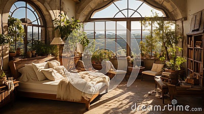 A bedroom with vintage furniture and antique elem Stock Photo