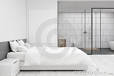 Bedroom with white bathroom, close up Stock Photo