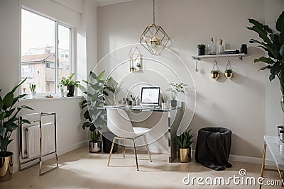 Bedroom working corner decorated with hexagon gold stainless vase and artificial plant in glass vase on gray spray-painted working Stock Photo
