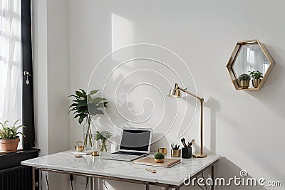 Bedroom working corner decorated with hexagon gold stainless vase and artificial plant in glass vase on gray spray-painted working Stock Photo