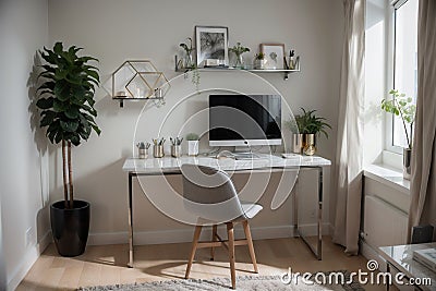 Bedroom working corner decorated with hexagon gold stainless vase and artificial plant in glass vase on gray spray-painted working Stock Photo