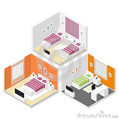 Bedrooms isometric icon set Cartoon Illustration