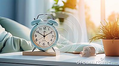 Bedside clock on bedside table at the morning close up Stock Photo