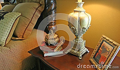 Bedside Table and Lamp Stock Photo