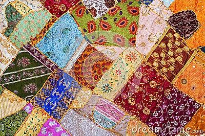 Bedspread patchwork in oriental style, closeup. Stock Photo