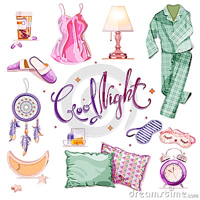 Bedtime and bedroom design elements. Vector cartoon illustration. Good night calligraphy lettering and sleep icons set Vector Illustration