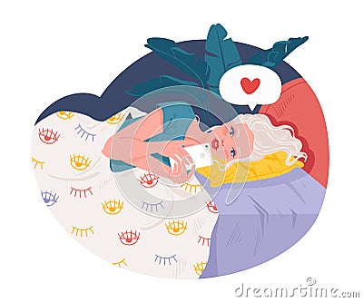 Girl lies in bed with phone in hands. Vector Illustration