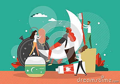 Bedtime routine. People preparing for bed, flat vector illustration. Advices for good and healthy sleep. Vector Illustration