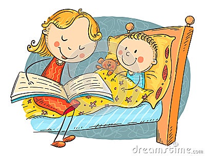 Bedtime story, mother reading to child, colorful cartoon illustration Vector Illustration
