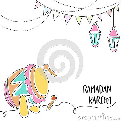 Beduk Ramadan Greeting Card with Continuous Line Hand Drawn Vector Illustration