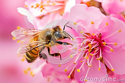 Bee Amongst Blooms: A macro photograph showcasing a busy bee collecting nectar from vibrant blossoms Stock Photo