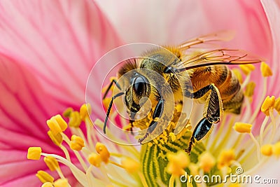 Bee Amongst Blooms: A macro photograph showcasing a busy bee collecting nectar from vibrant blossoms Stock Photo