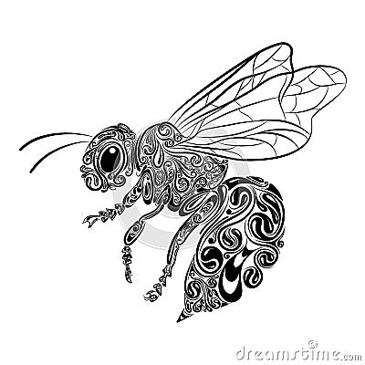 The bee animals with the zentangle and black outline for coloring inspiration Vector Illustration