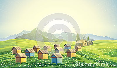 Bee apiary in the mountains landscape. Stock Photo