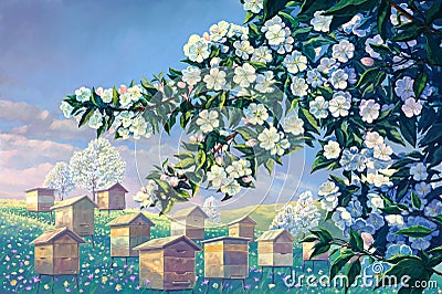 Bee apiary in the rural landscape with blooming spring branch tree. Cartoon Illustration