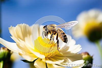 bee attempting to retrieve nectar from a closed flower Stock Photo