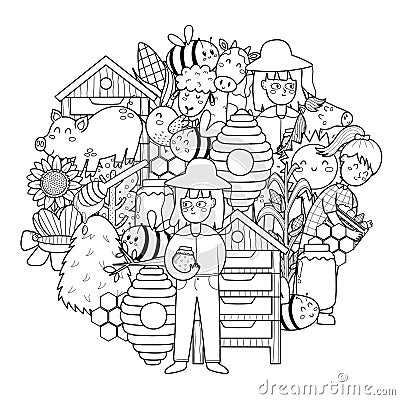 Bee and beekeeper circle shape coloring page. Doodle mandala with farm characters for coloring book Vector Illustration