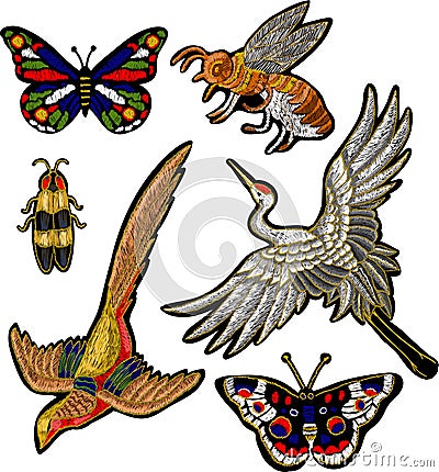 Bee, butterfly, beetle, crane bird stickers embroidery textile design Vector Illustration