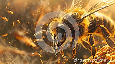 Bee Flying Around Honeycomb with Glimmering Light Effects Stock Photo