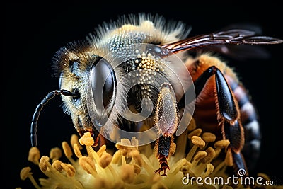 bee close up macro shot on a flower with black background insect of honey closeup, bee with pollen super close-up Stock Photo