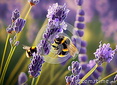 bee collects honey on lavender Stock Photo