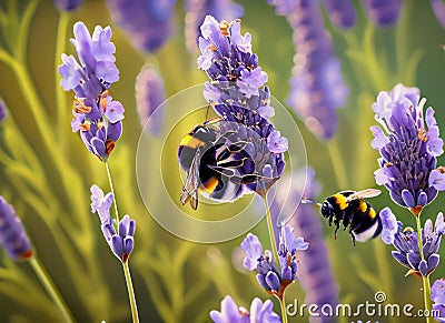 bee collects honey on lavender Stock Photo