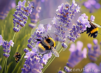 bee collects honey on lavender Stock Photo