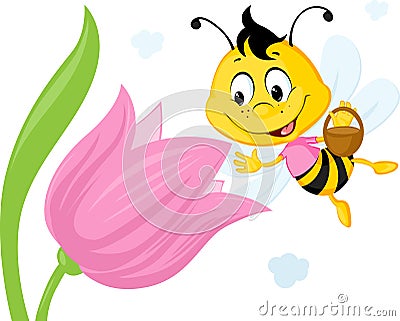 Bee Collects Honey From a Tulip - Vector Illustration Vector Illustration
