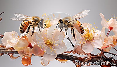 A bee collects pollen from a flower, nature sweet food generated by AI Stock Photo