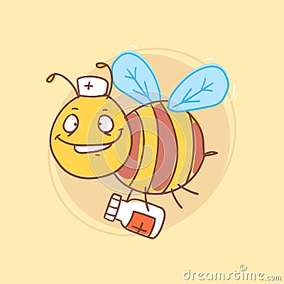 Bee doctor holds medicine and smiling. Funny character Vector Illustration