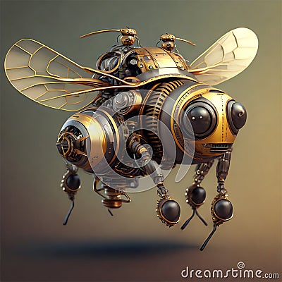 Bee Drone, Dystopian Steampunk Mechanic Bee Isolated – AI Generated 3D Illustration Stock Photo