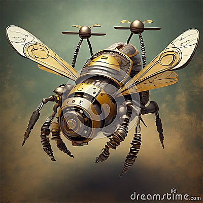 Bee Drone, Dystopian Steampunk Mechanic Bee Isolated – AI Generated 3D Illustration Stock Photo